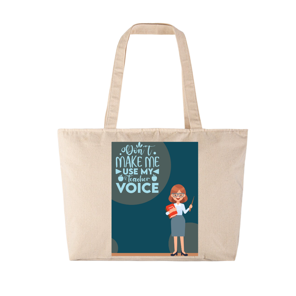 Τσάντα αγοράς/παραλίας μπεζ βαμβακέρη πάνινη για δασκάλες "Don’t make me use my voice"