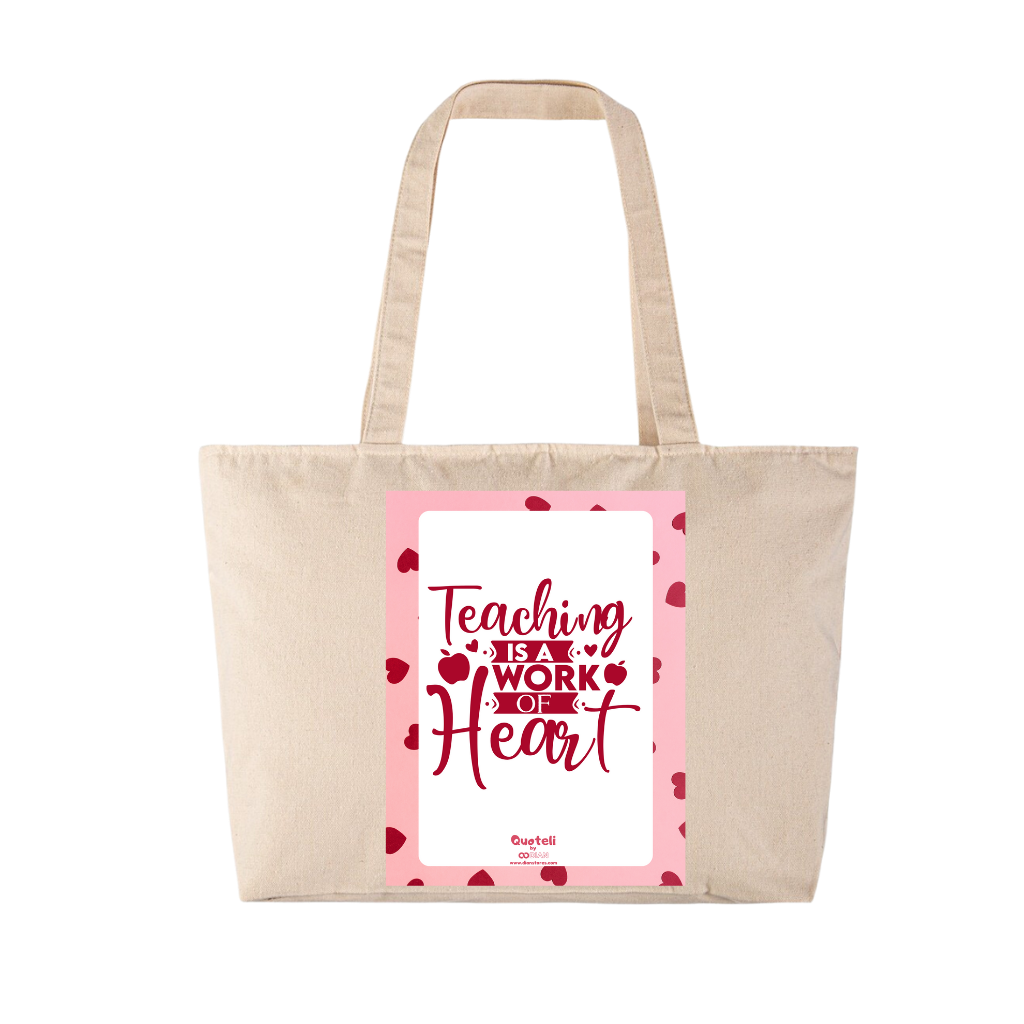 Τσάντα αγοράς/παραλίας μπεζ βαμβακέρη πάνινη για δασκάλες "Teaching is a work of heart"