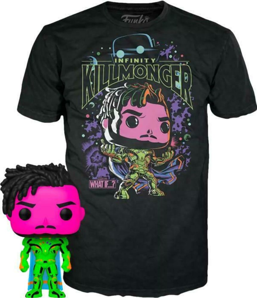 Funko Pop! & Tee (Adult): Marvel What If...? - Infinity Killmonger (Blacklight) (Special Edition) Bobble-Head Vinyl Figure & T-Shirt (L)