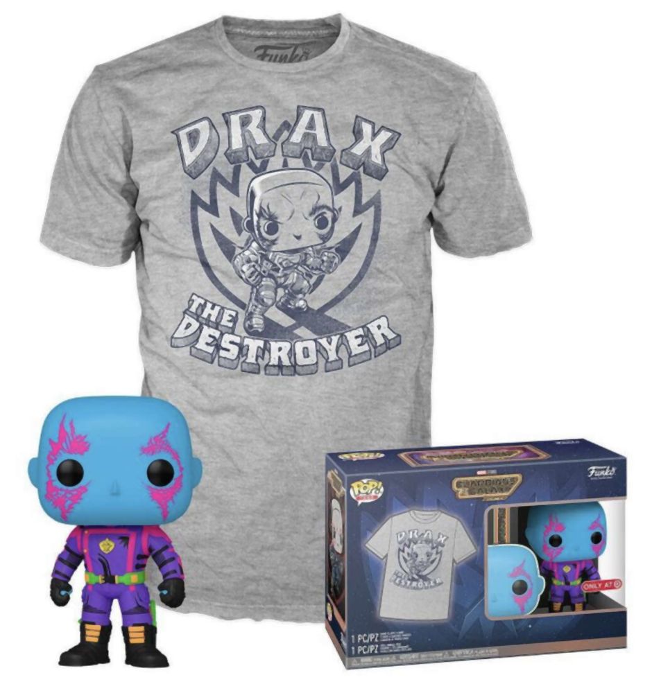 Funko Pop! & Tee (Adult): Marvel Guardians of the Galaxy - Drax (Blacklight) (Special Edition) Vinyl Figure and T-Shirt (L)