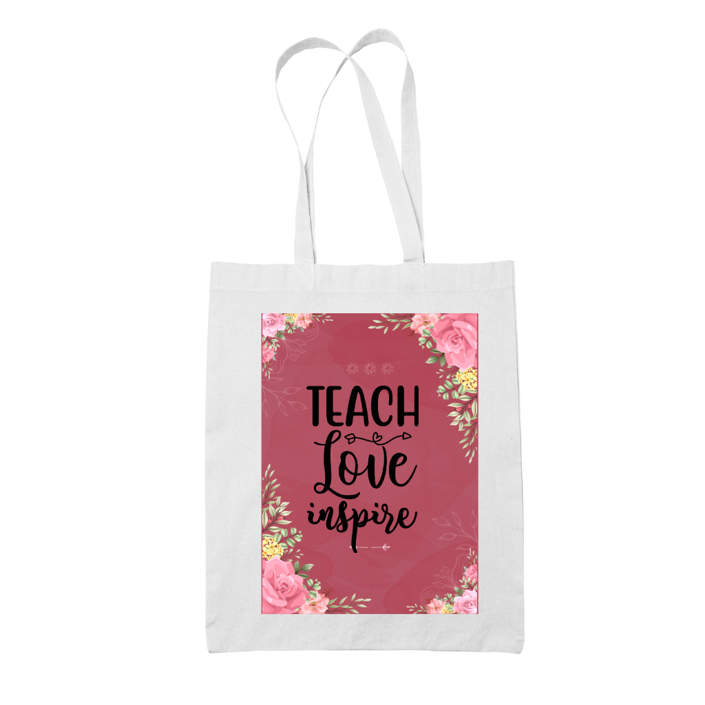 Tote bag τσάντα λευκή για δασκάλες "Teach Love Inspire Floral Pink"