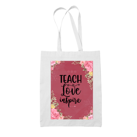 Tote bag τσάντα λευκή για δασκάλες "Teach Love Inspire Floral Pink"