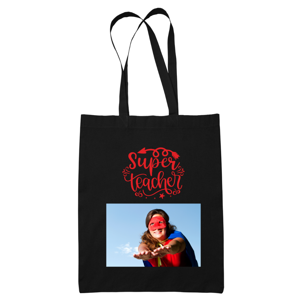 Tote bag τσάντα μάυρη πάνινη βαμβακερή για δασκάλες "Superwoman TEacher"