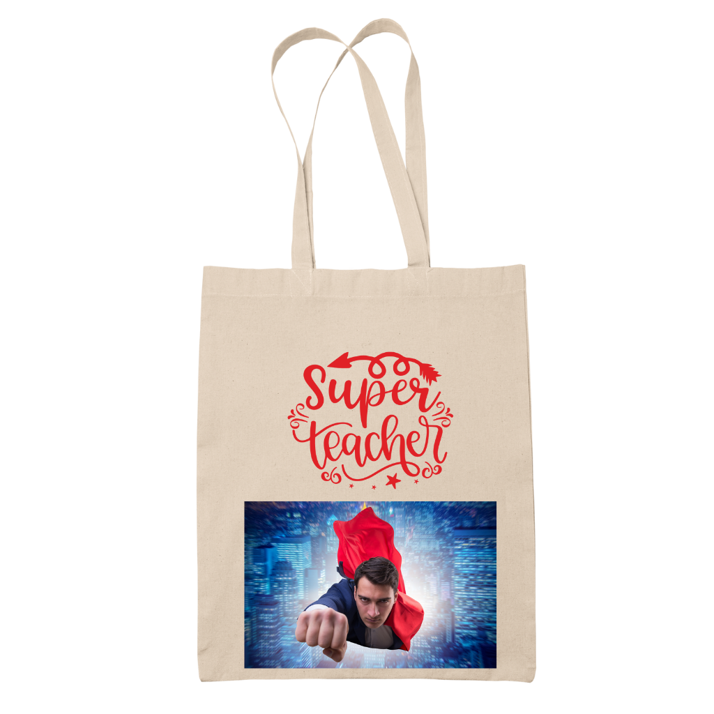 Tote bag τσάντα μπεζ βαμβακέρη πάνινη για δασκάλες Superman Teacher"