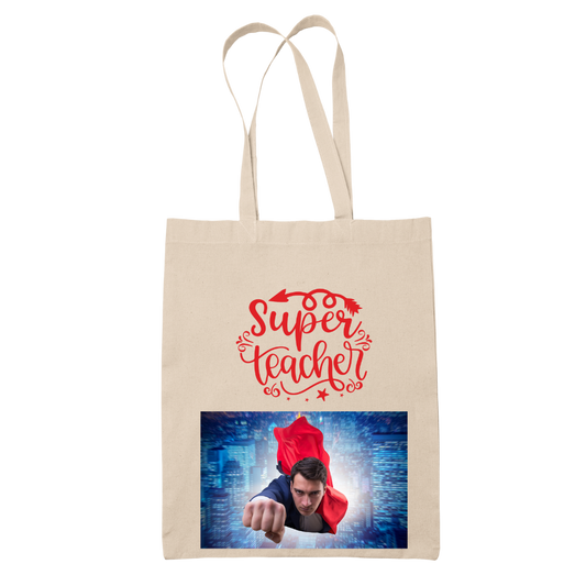 Tote bag τσάντα μπεζ βαμβακέρη πάνινη για δασκάλες Superman Teacher"